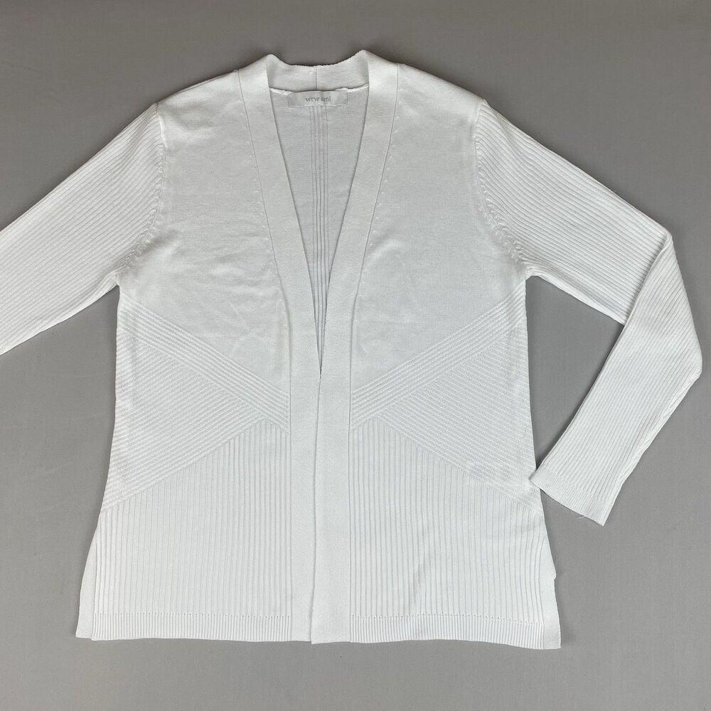 Verve Ami Knit Open Front Long Sleeve Ribbed Cardigan Sweater Women's Med White